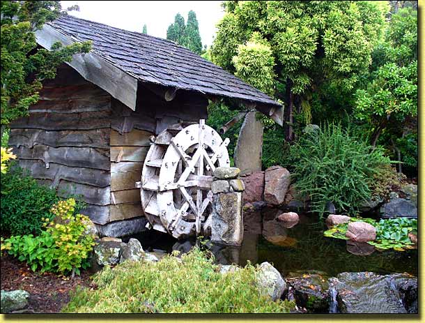 Waterwheel powered Mill in Japanese Garden